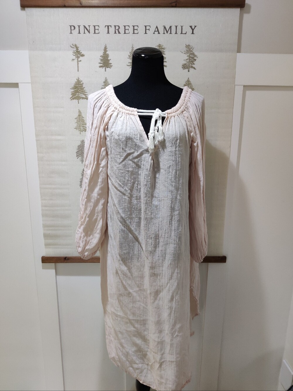 Whitney Linen Cream Gauze Linen Tassel Tunic Midi Dress Cover-Up Made in Canada